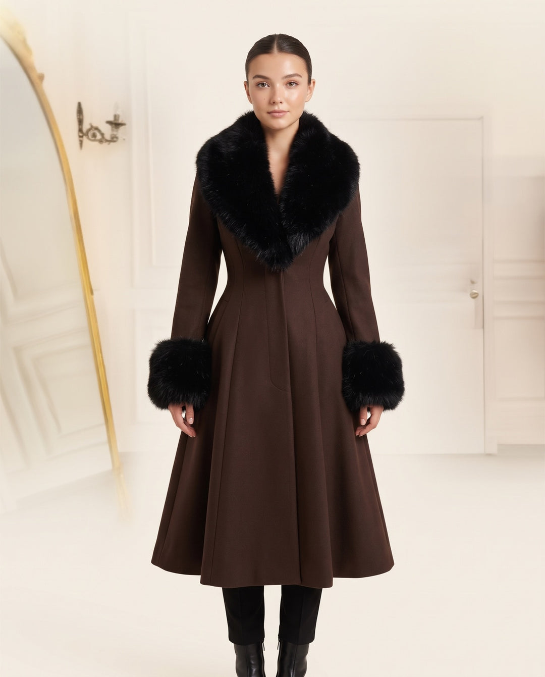 Faux-Fur Trim Flared Coat