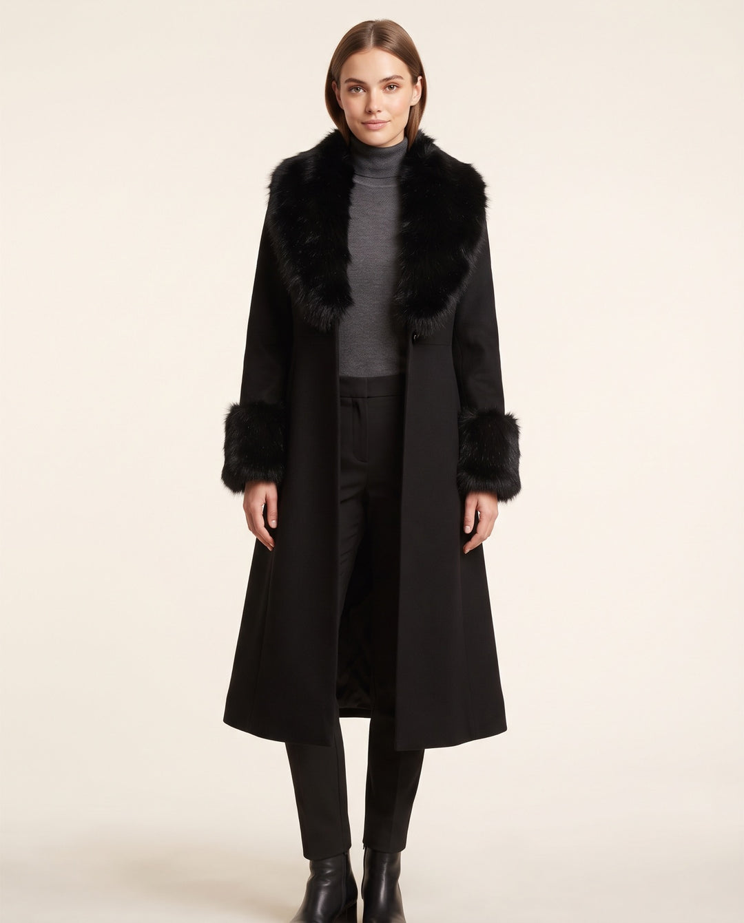 Faux-Fur Trim Flared Coat