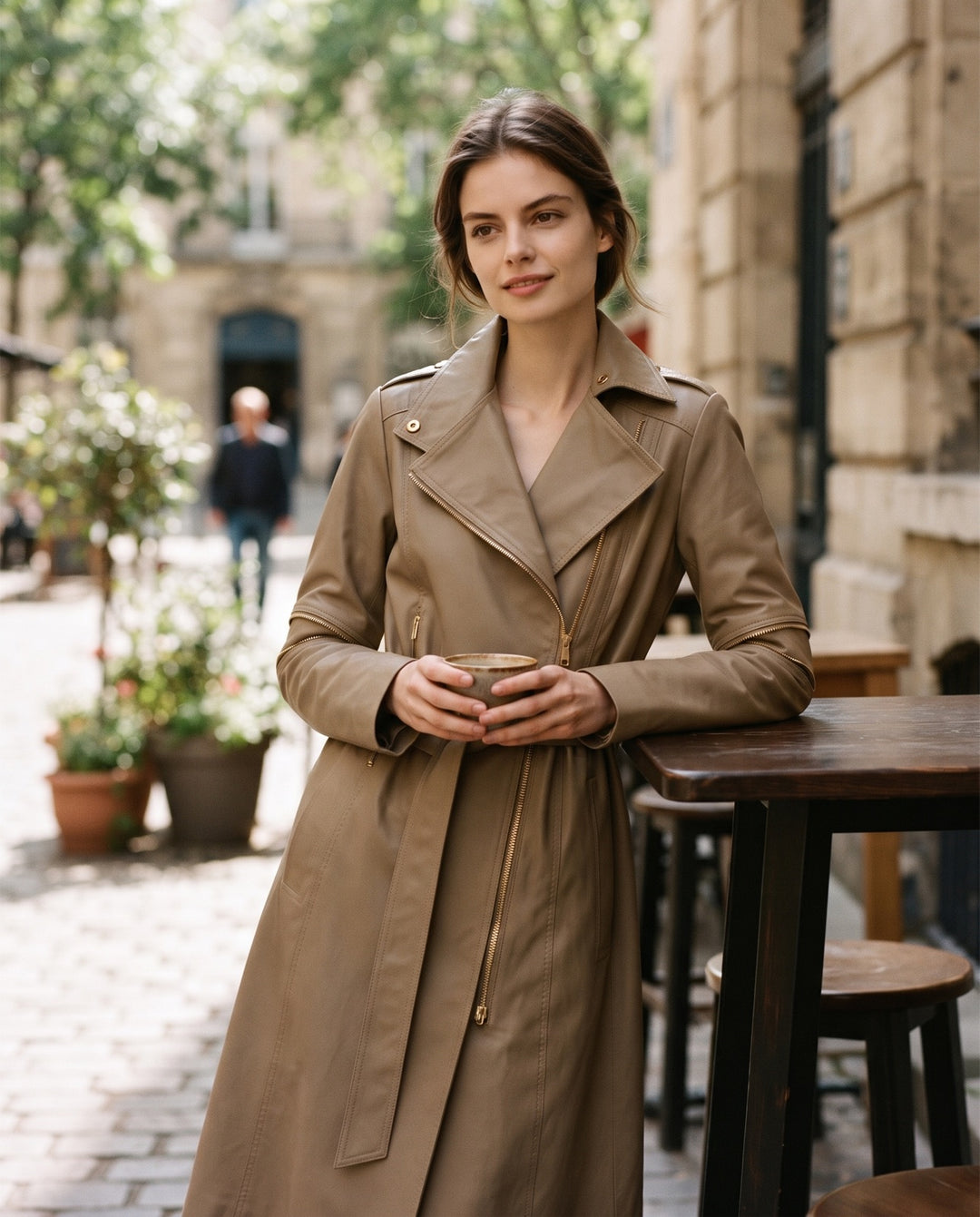 Zip-Front Leather Trench