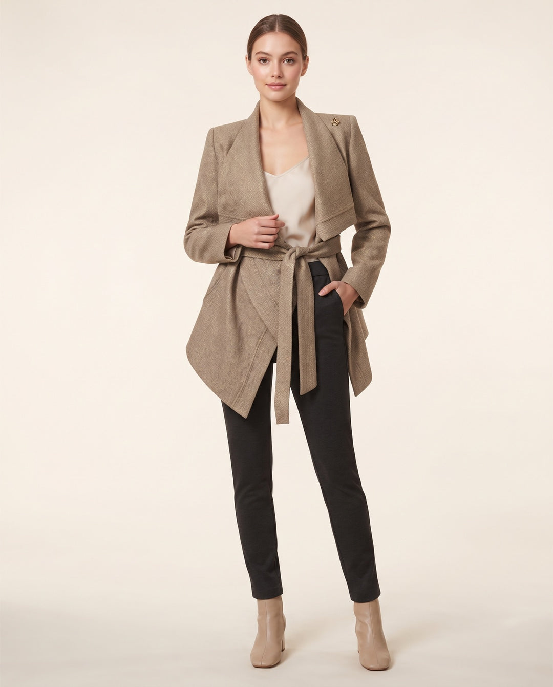 Belted Drape-Collar Wool Coat