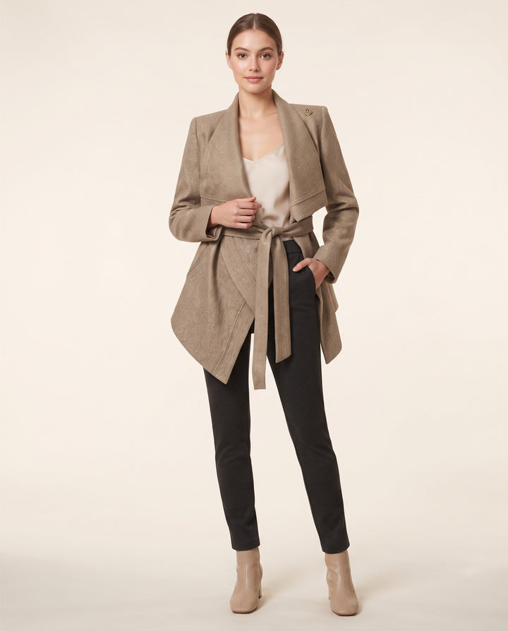 Belted Drape-Collar Wool Coat