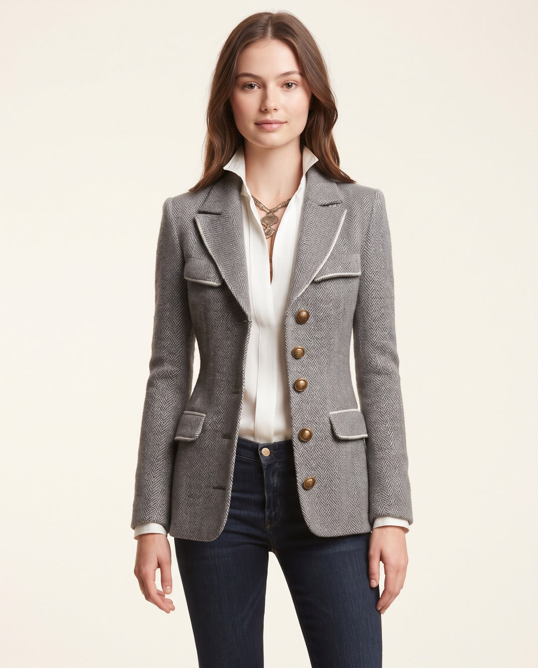 Piped Herringbone Wool Coat