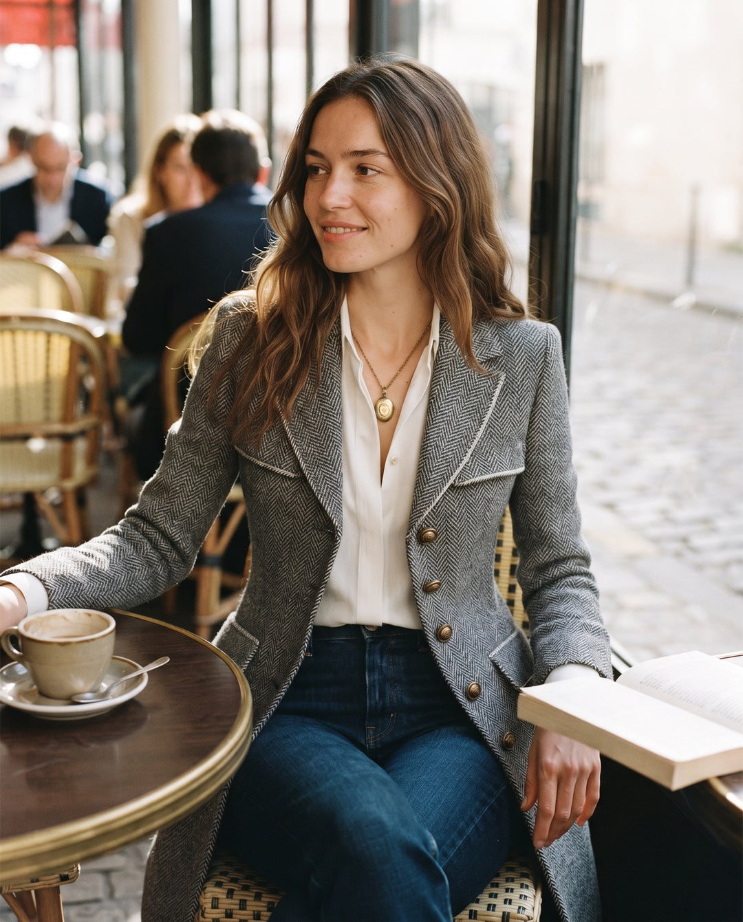 Piped Herringbone Wool Coat