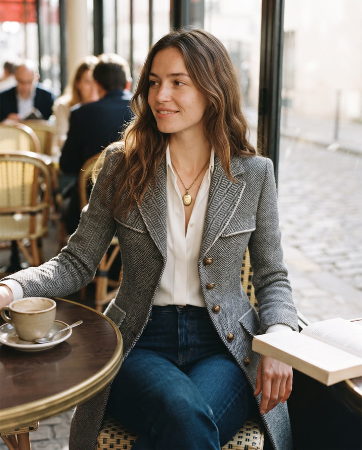 Piped Herringbone Wool Coat