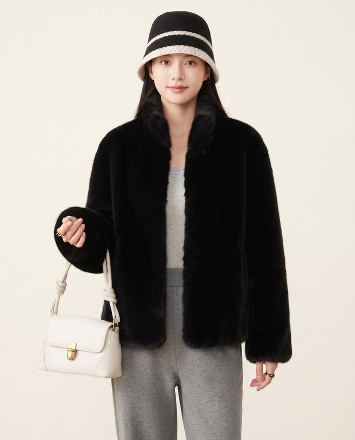 Stand-Collar Faux Fur Coat