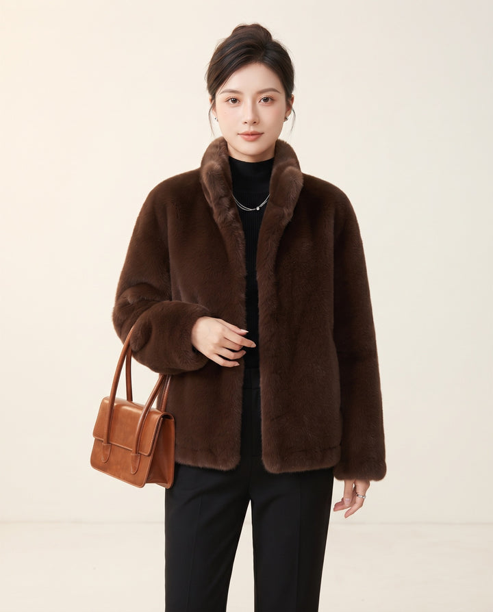 Stand-Collar Faux Fur Coat