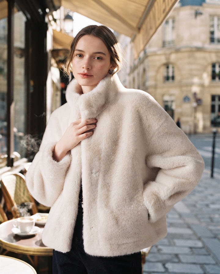 Stand-Collar Faux Fur Coat