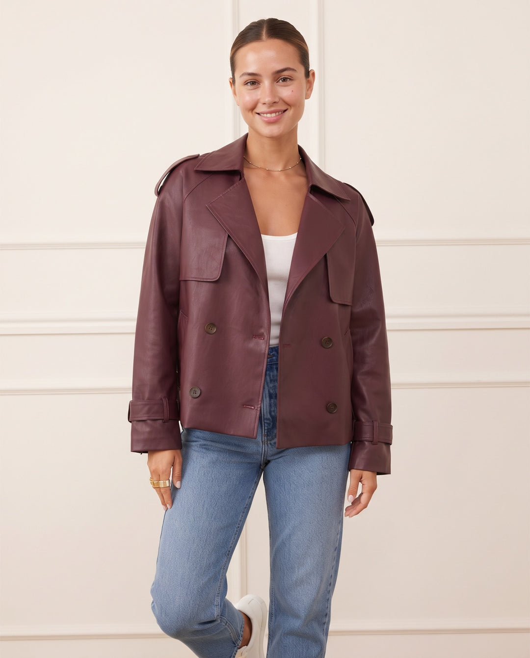 Cropped Faux Leather Trench Jacket