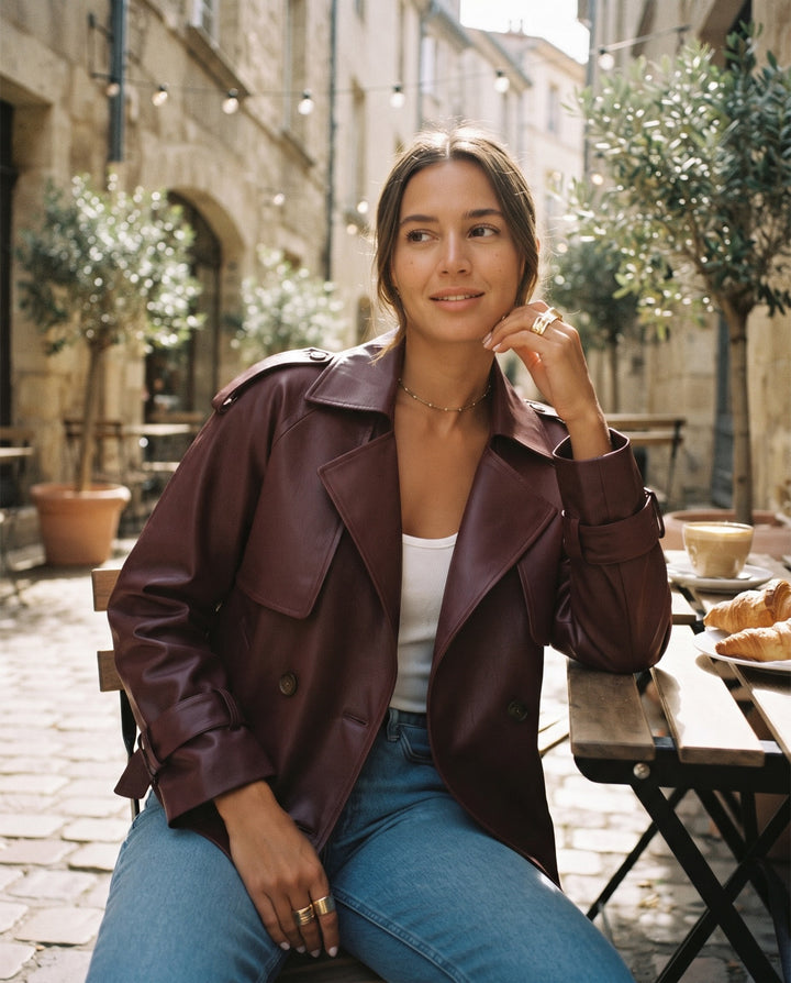 Cropped Faux Leather Trench Jacket