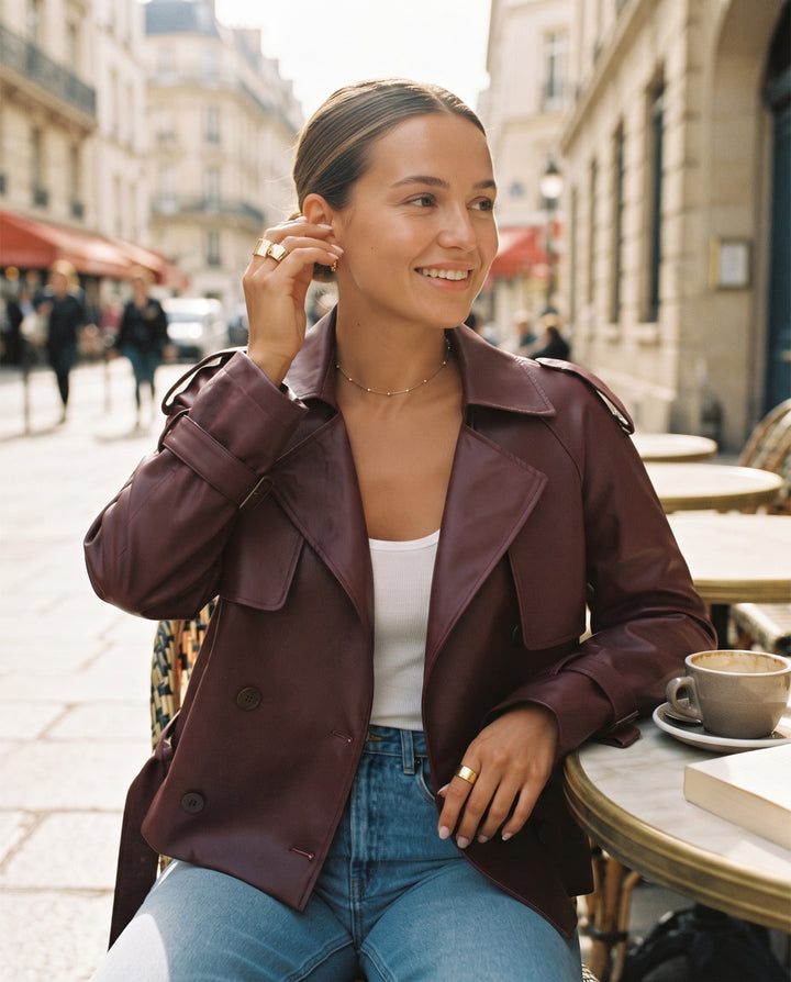 Cropped Faux Leather Trench Jacket