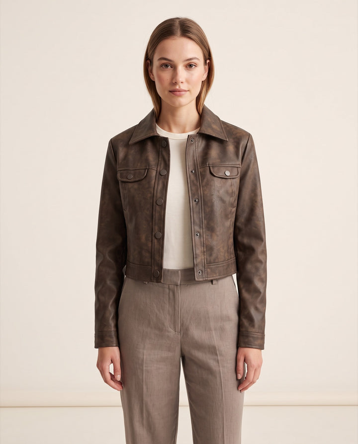 Cropped Suede-Look Trucker Jacket