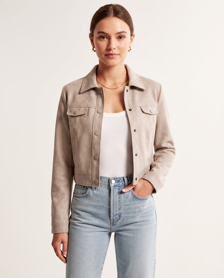 Cropped Suede-Look Trucker Jacket