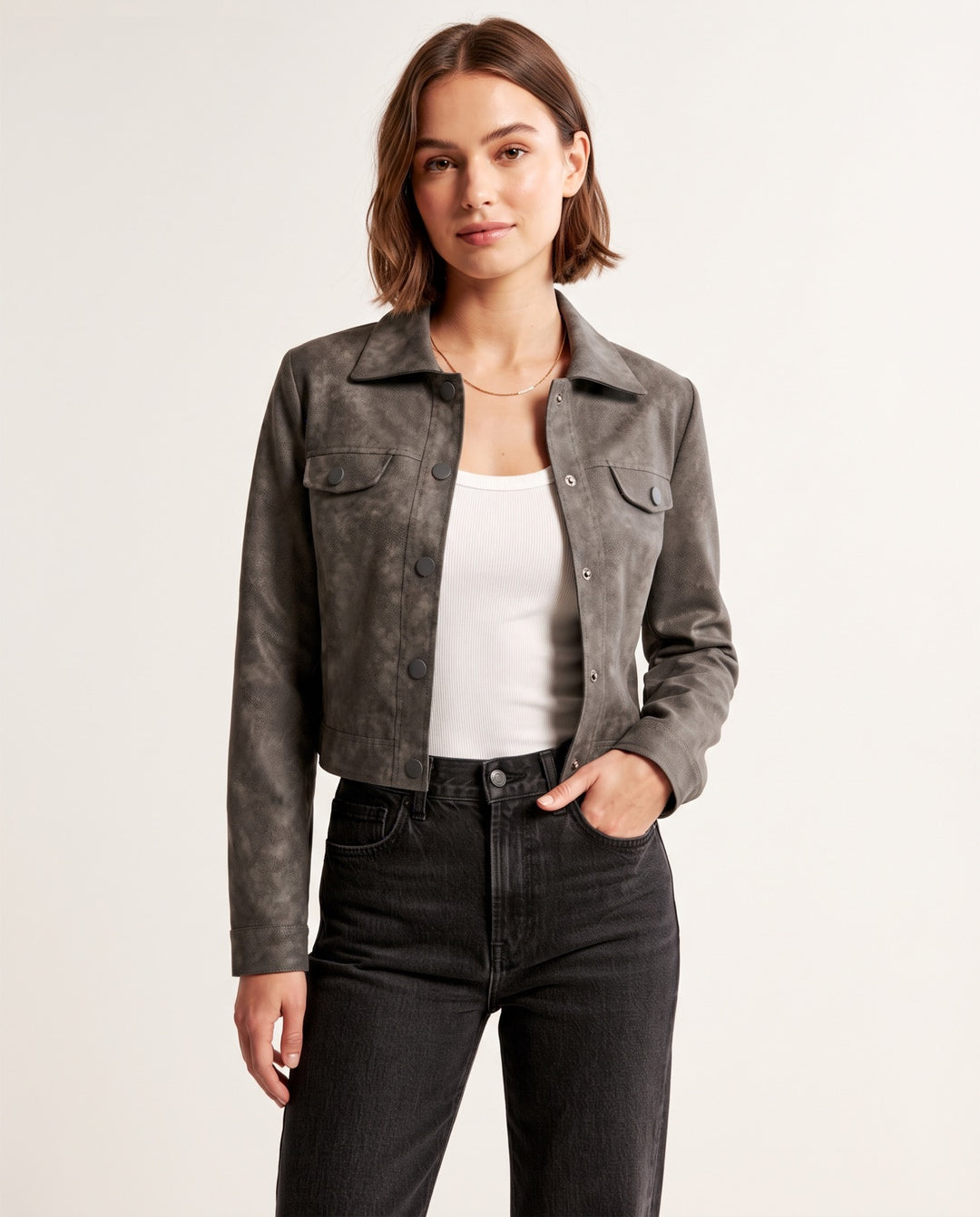 Cropped Suede-Look Trucker Jacket