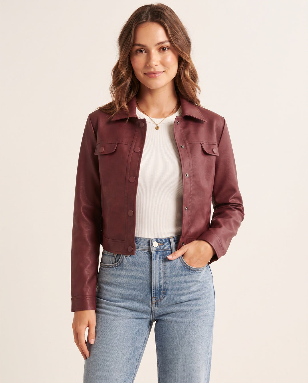 Cropped Suede-Look Trucker Jacket