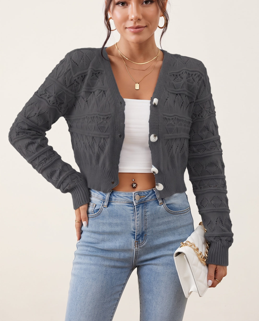 Open-Knit V-Neck Cardigan