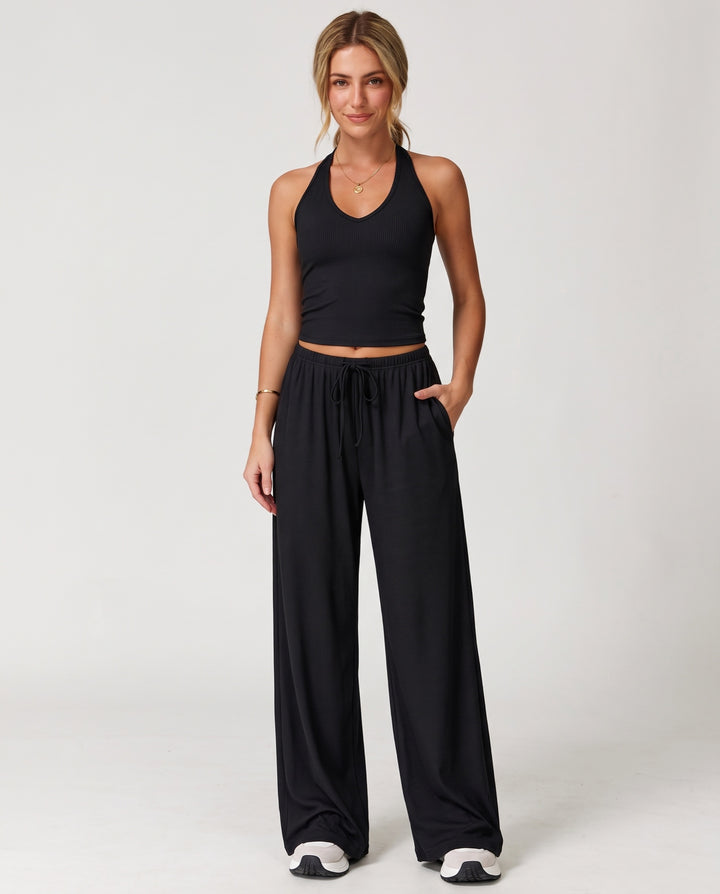 Ribbed V-Neck 2-Piece Lounge Set in Black - NOÉLLA