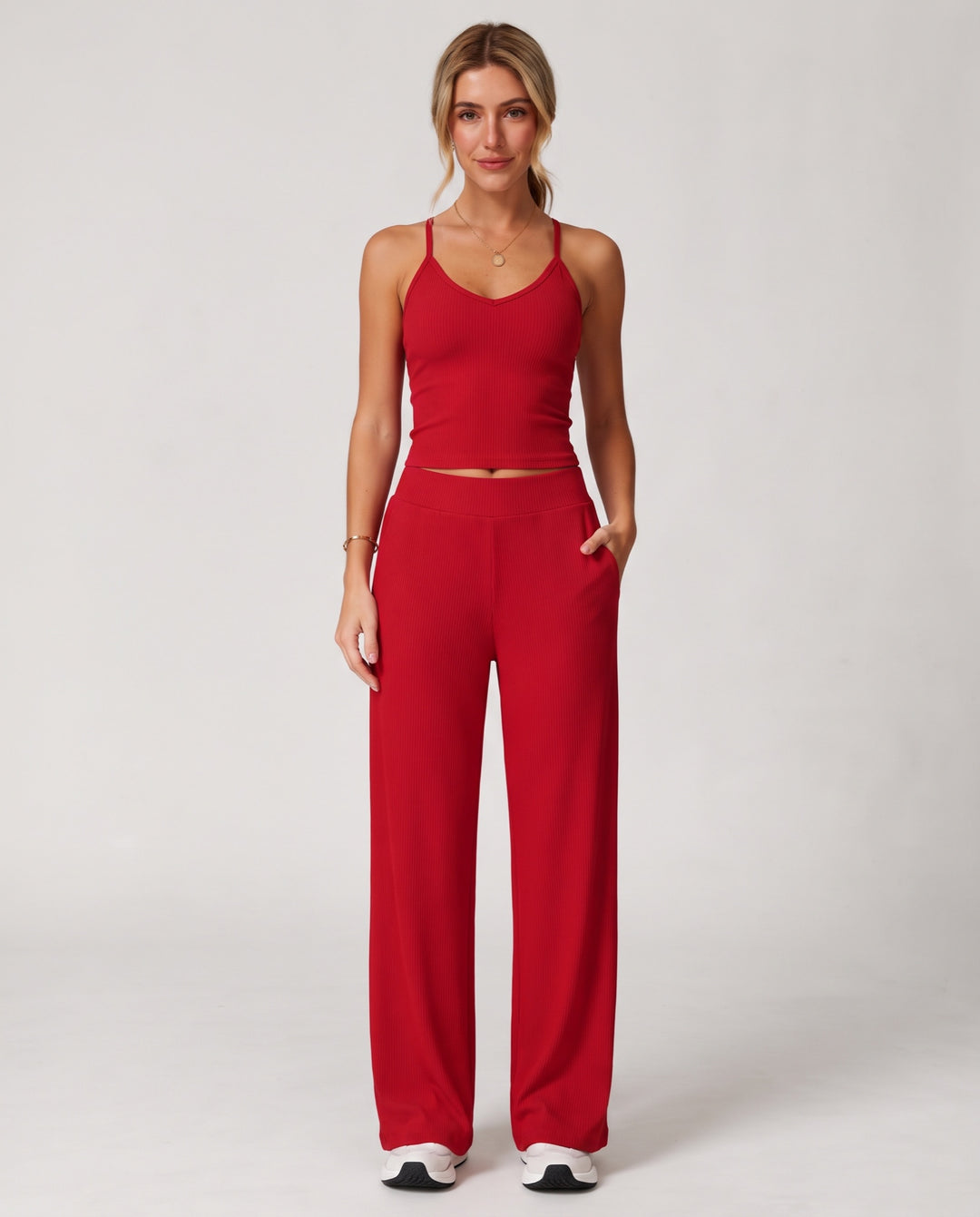 Ribbed V-Neck 2-Piece Lounge Set in Red - NOÉLLA