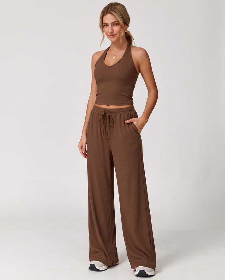 Ribbed V-Neck 2-Piece Lounge Set in Brown - NOÉLLA