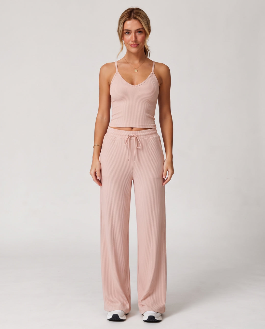 Ribbed V-Neck 2-Piece Lounge Set in Pink - NOÉLLA