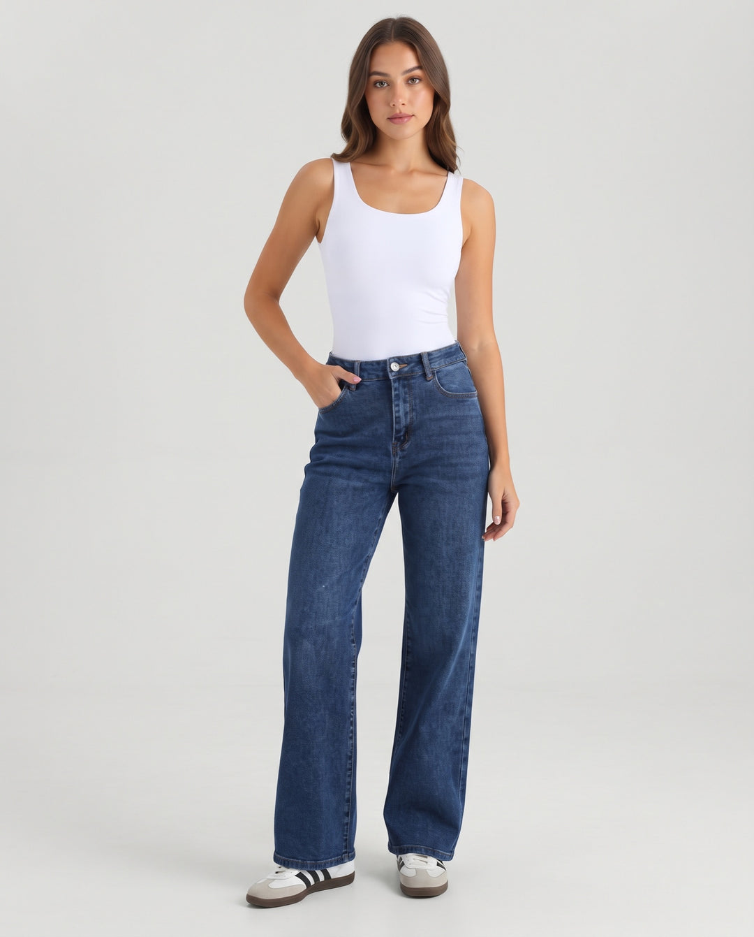 High-Waist Wide-Leg Stretch Jeans in Navy - NOÉLLA