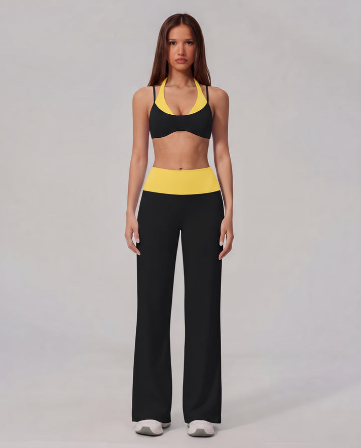 Color-Block Halter Workout Set in Black - NOÉLLA